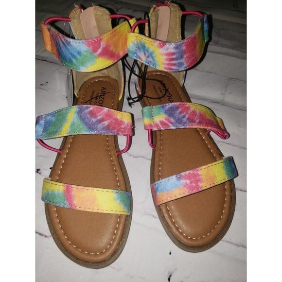 NWT Arizona Jeans Co Girl's Sandals, Pink Yellow Tie-die Size 13 - Picture 3 of 5